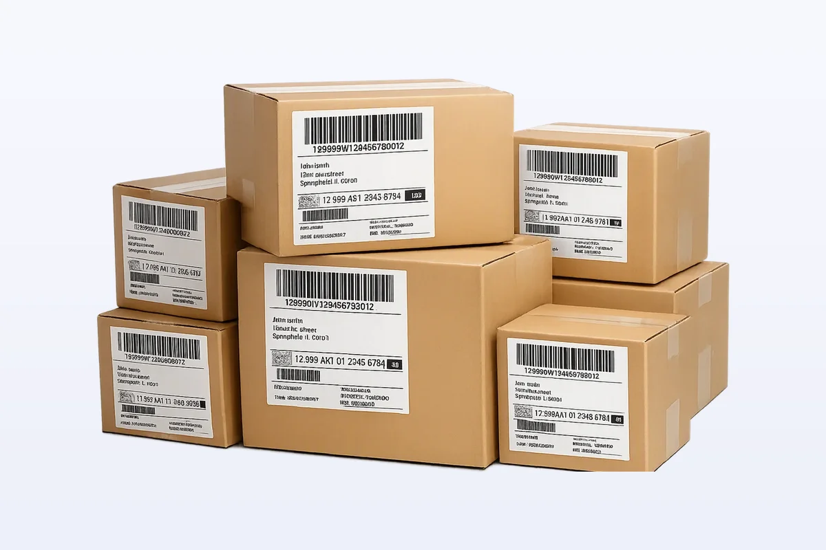 Cajas con etiquetas de embarque producidas por Etisistema